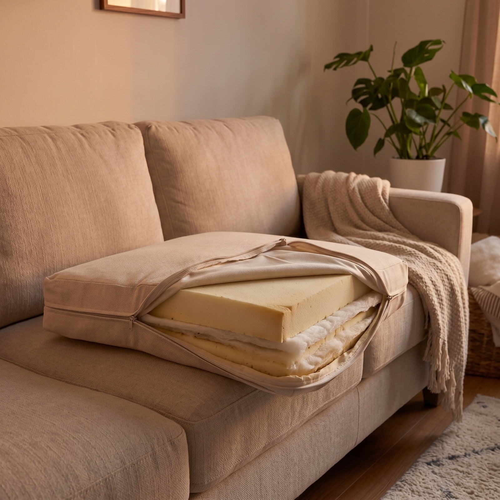 Close-up of sofa cushion fabric fibers